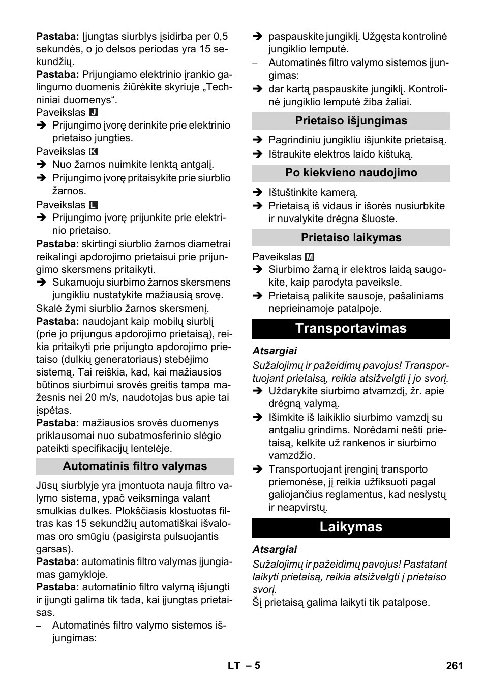 Transportavimas laikymas | Karcher NT 35-1 Tact Te M User Manual | Page 261 / 284