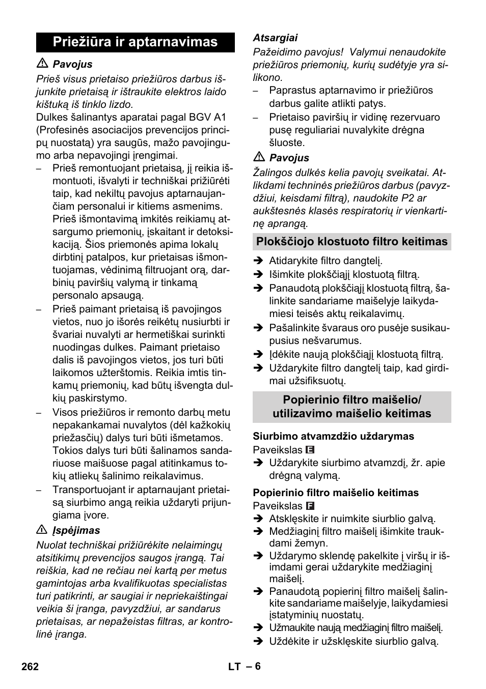 Priežiūra ir aptarnavimas | Karcher NT 35-1 Tact Te M User Manual | Page 262 / 284