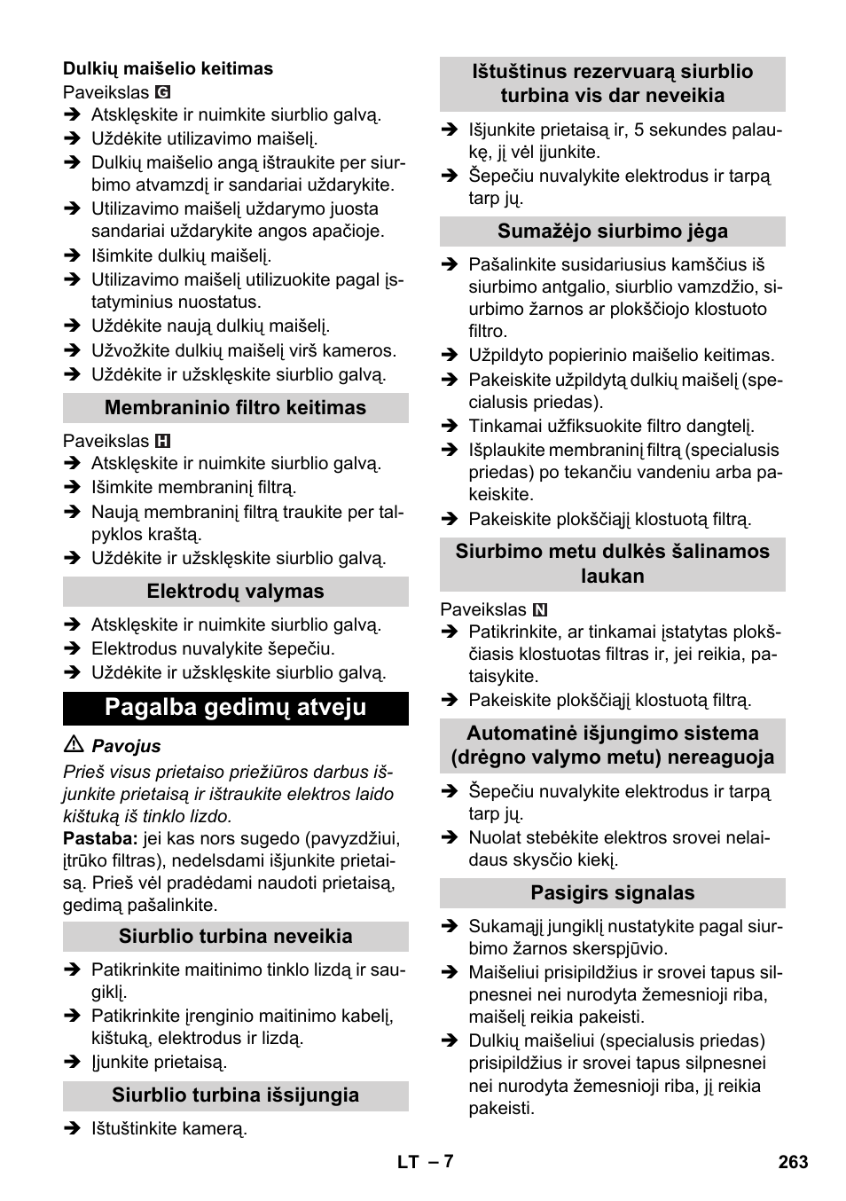 Pagalba gedimų atveju | Karcher NT 35-1 Tact Te M User Manual | Page 263 / 284