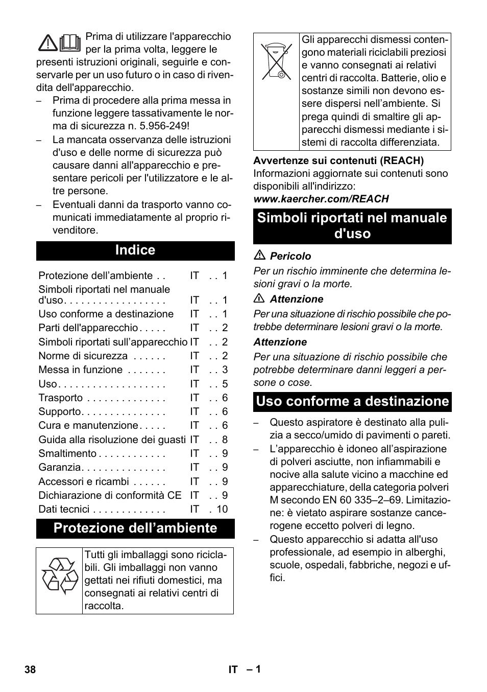 Italiano, Indice, Protezione dell’ambiente | Karcher NT 35-1 Tact Te M User Manual | Page 38 / 284