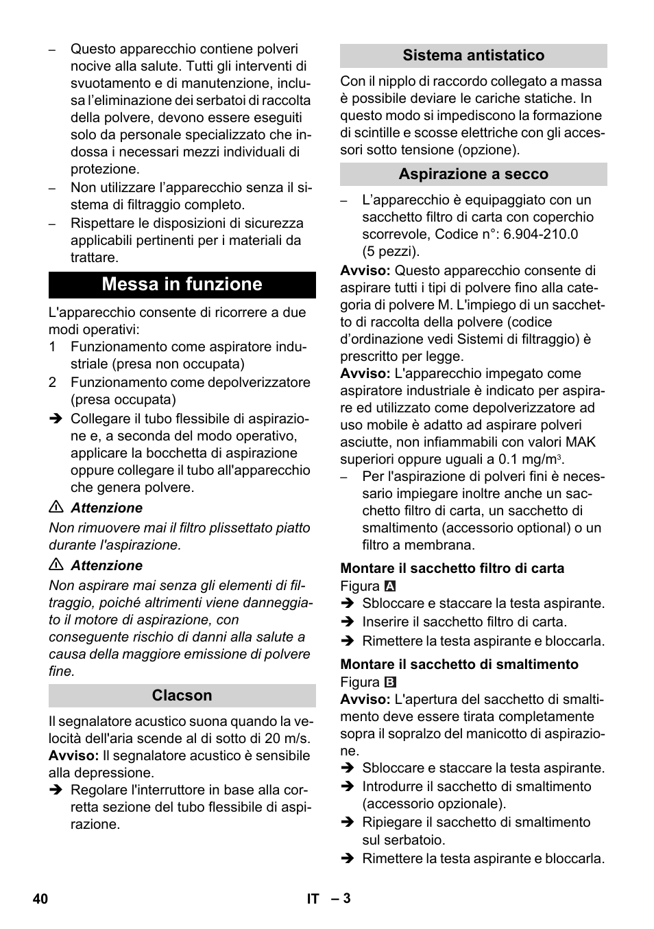 Messa in funzione | Karcher NT 35-1 Tact Te M User Manual | Page 40 / 284