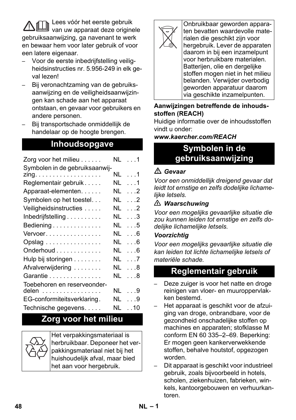 Nederlands, Inhoudsopgave, Zorg voor het milieu | Karcher NT 35-1 Tact Te M User Manual | Page 48 / 284