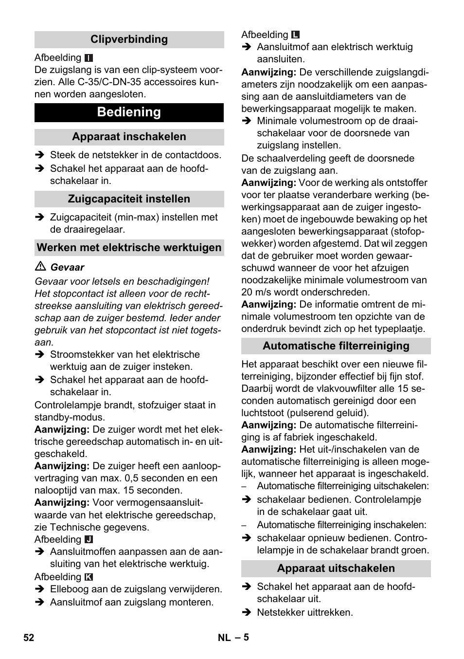 Bediening | Karcher NT 35-1 Tact Te M User Manual | Page 52 / 284