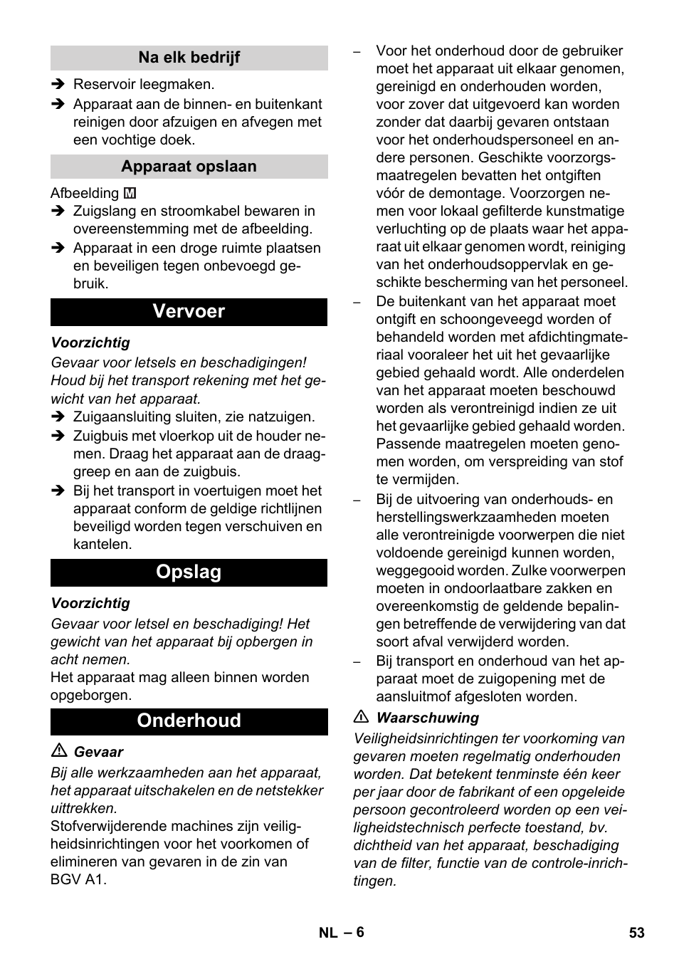 Vervoer opslag onderhoud | Karcher NT 35-1 Tact Te M User Manual | Page 53 / 284