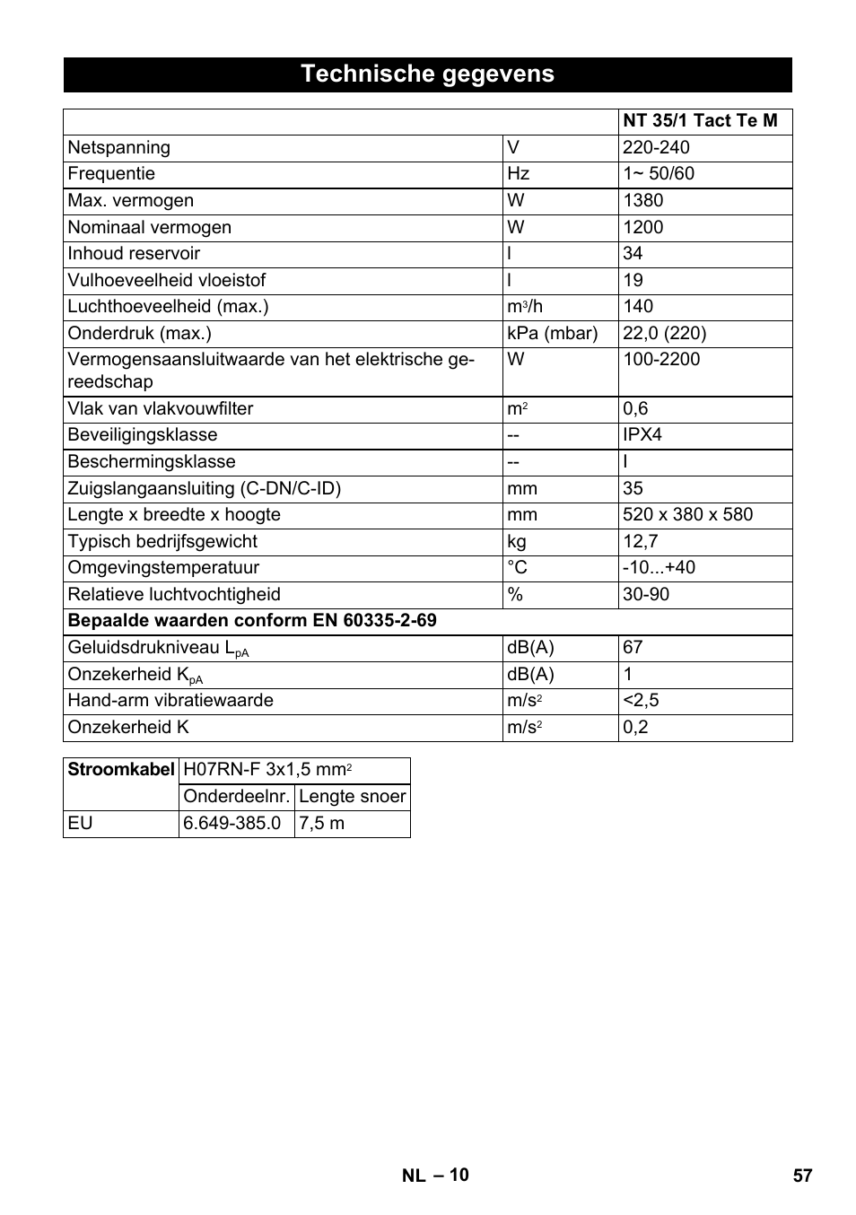 Technische gegevens | Karcher NT 35-1 Tact Te M User Manual | Page 57 / 284