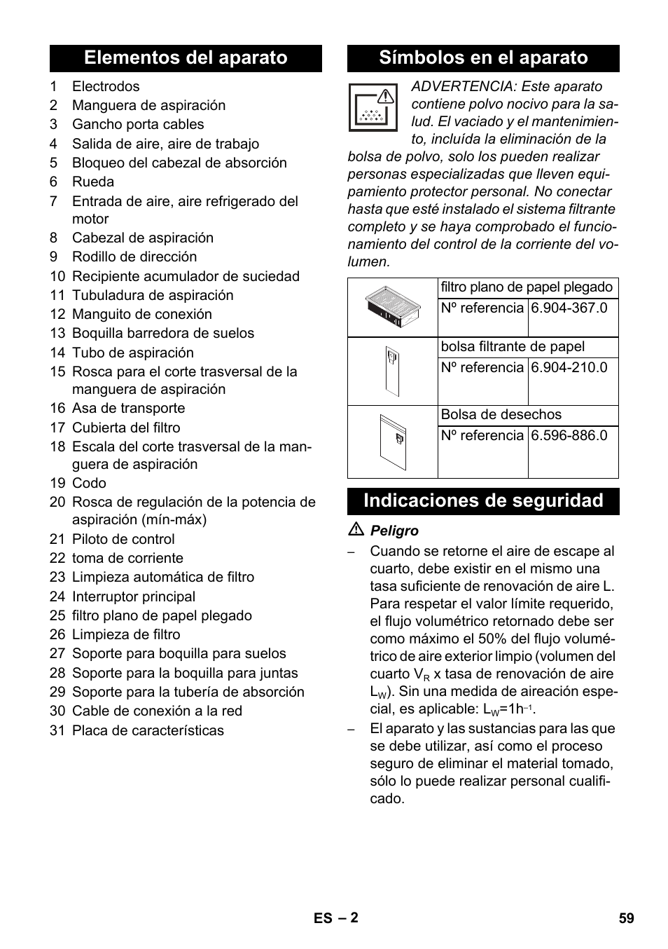 Elementos del aparato símbolos en el aparato, Indicaciones de seguridad | Karcher NT 35-1 Tact Te M User Manual | Page 59 / 284