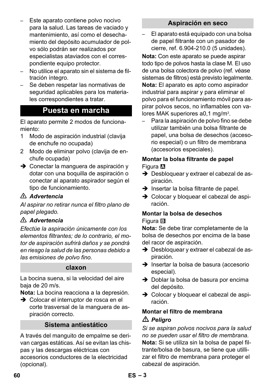 Puesta en marcha | Karcher NT 35-1 Tact Te M User Manual | Page 60 / 284