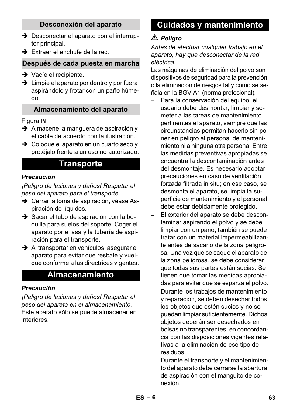 Transporte almacenamiento cuidados y mantenimiento | Karcher NT 35-1 Tact Te M User Manual | Page 63 / 284