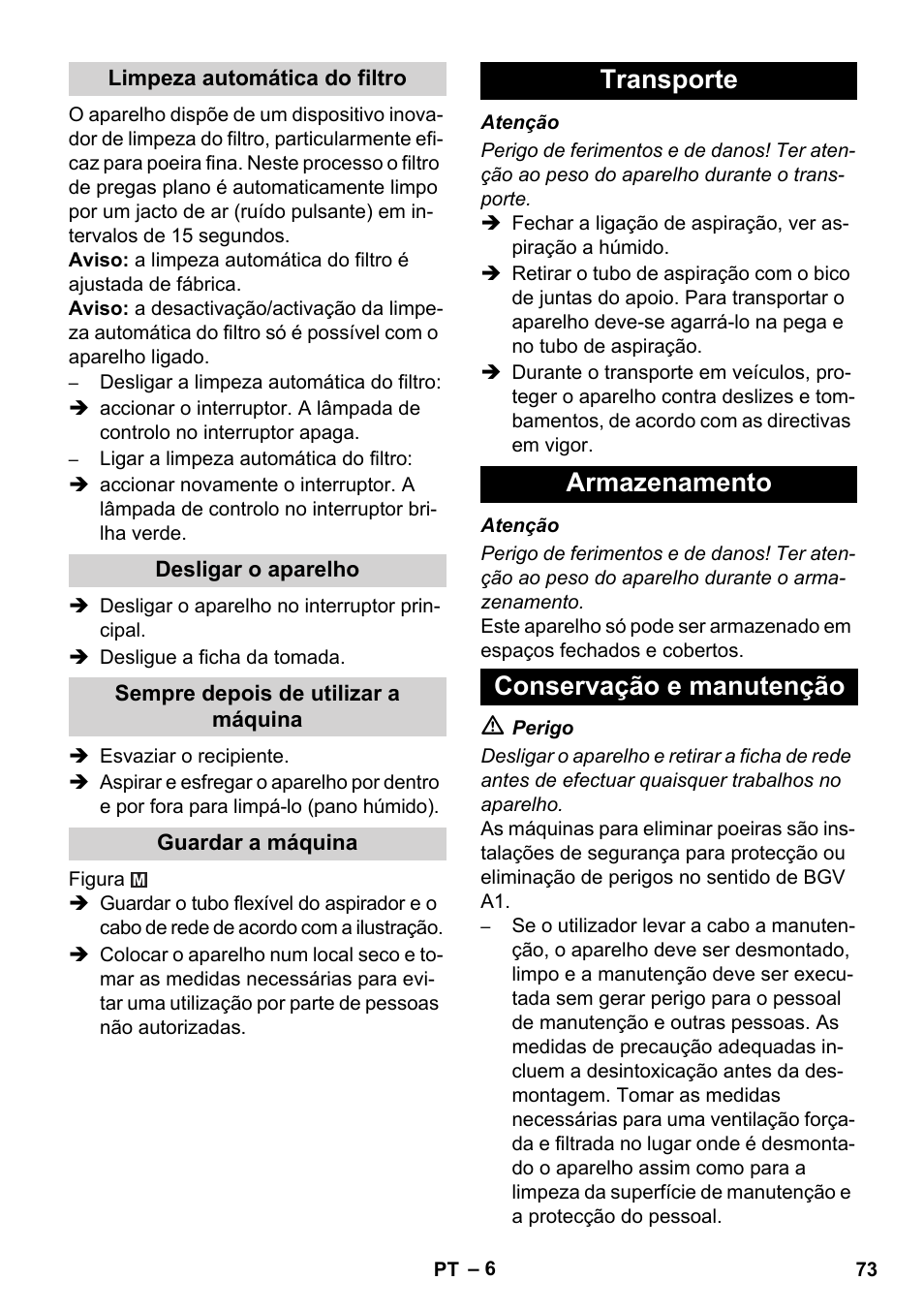 Transporte armazenamento conservação e manutenção | Karcher NT 35-1 Tact Te M User Manual | Page 73 / 284