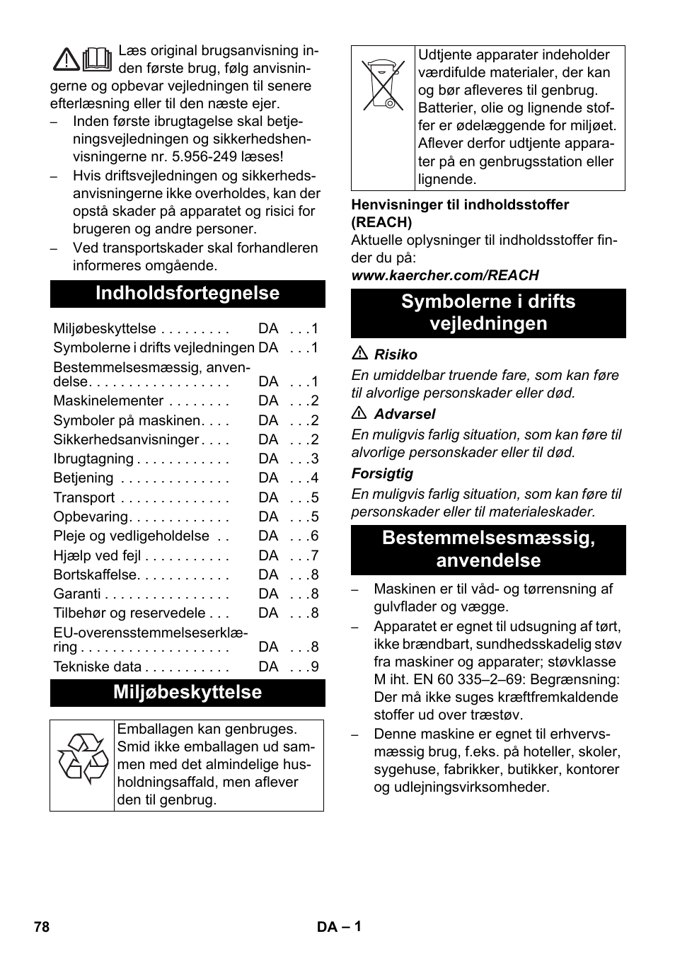 Dansk, Indholdsfortegnelse, Miljøbeskyttelse | Karcher NT 35-1 Tact Te M User Manual | Page 78 / 284