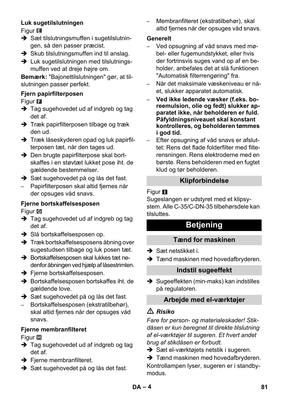 Betjening | Karcher NT 35-1 Tact Te M User Manual | Page 81 / 284