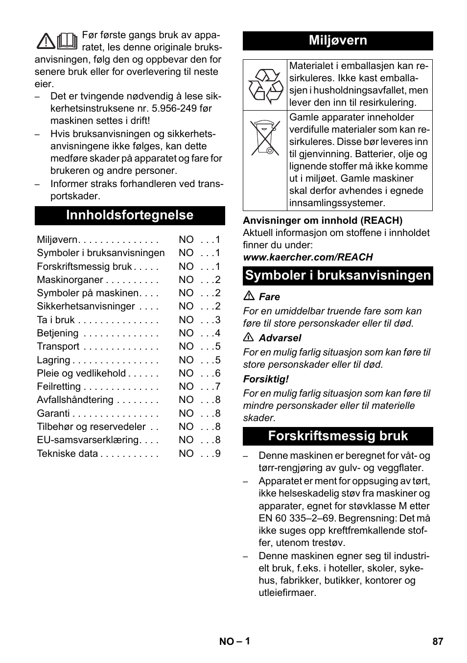 Norsk, Innholdsfortegnelse, Miljøvern | Symboler i bruksanvisningen forskriftsmessig bruk | Karcher NT 35-1 Tact Te M User Manual | Page 87 / 284