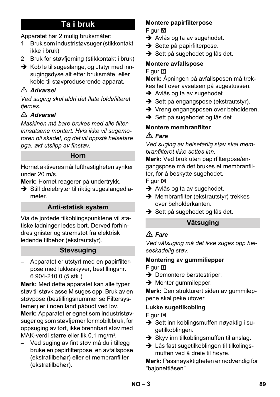 Ta i bruk | Karcher NT 35-1 Tact Te M User Manual | Page 89 / 284