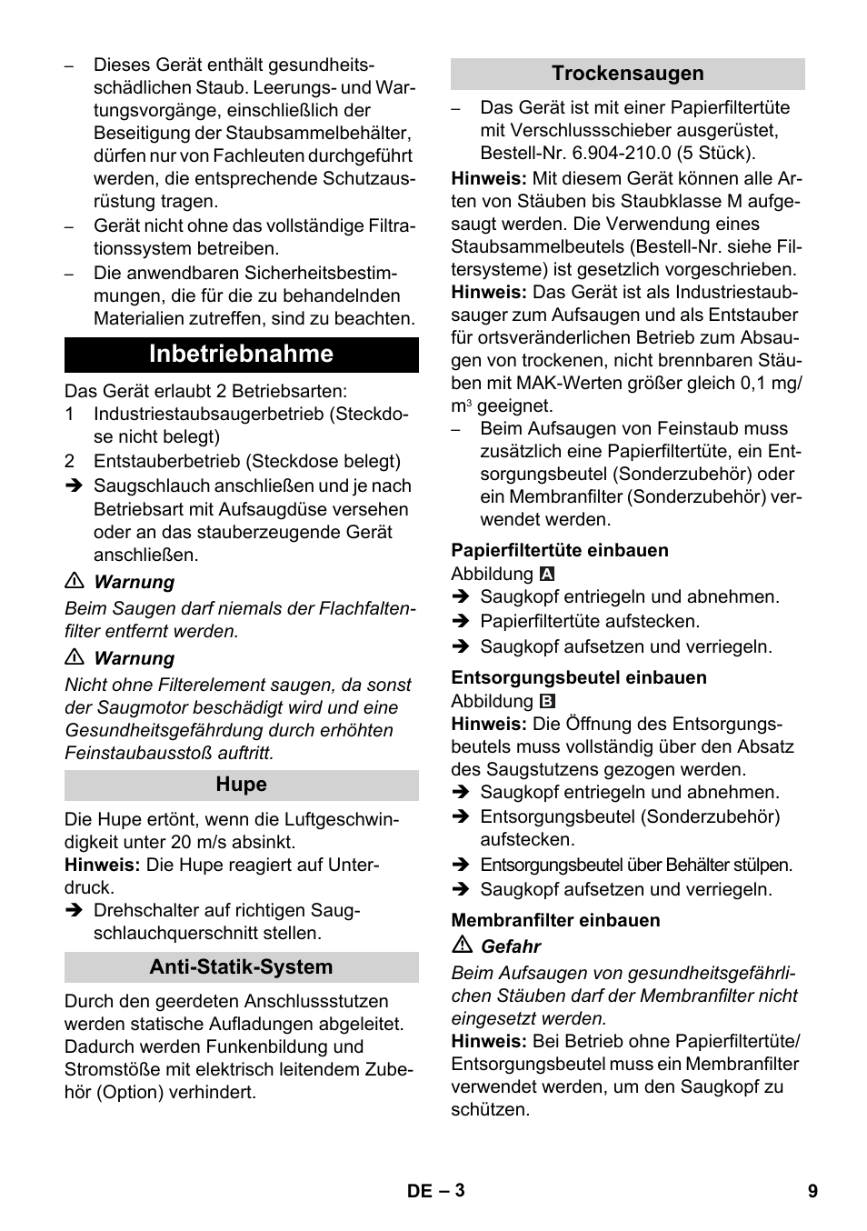 Inbetriebnahme | Karcher NT 35-1 Tact Te M User Manual | Page 9 / 284