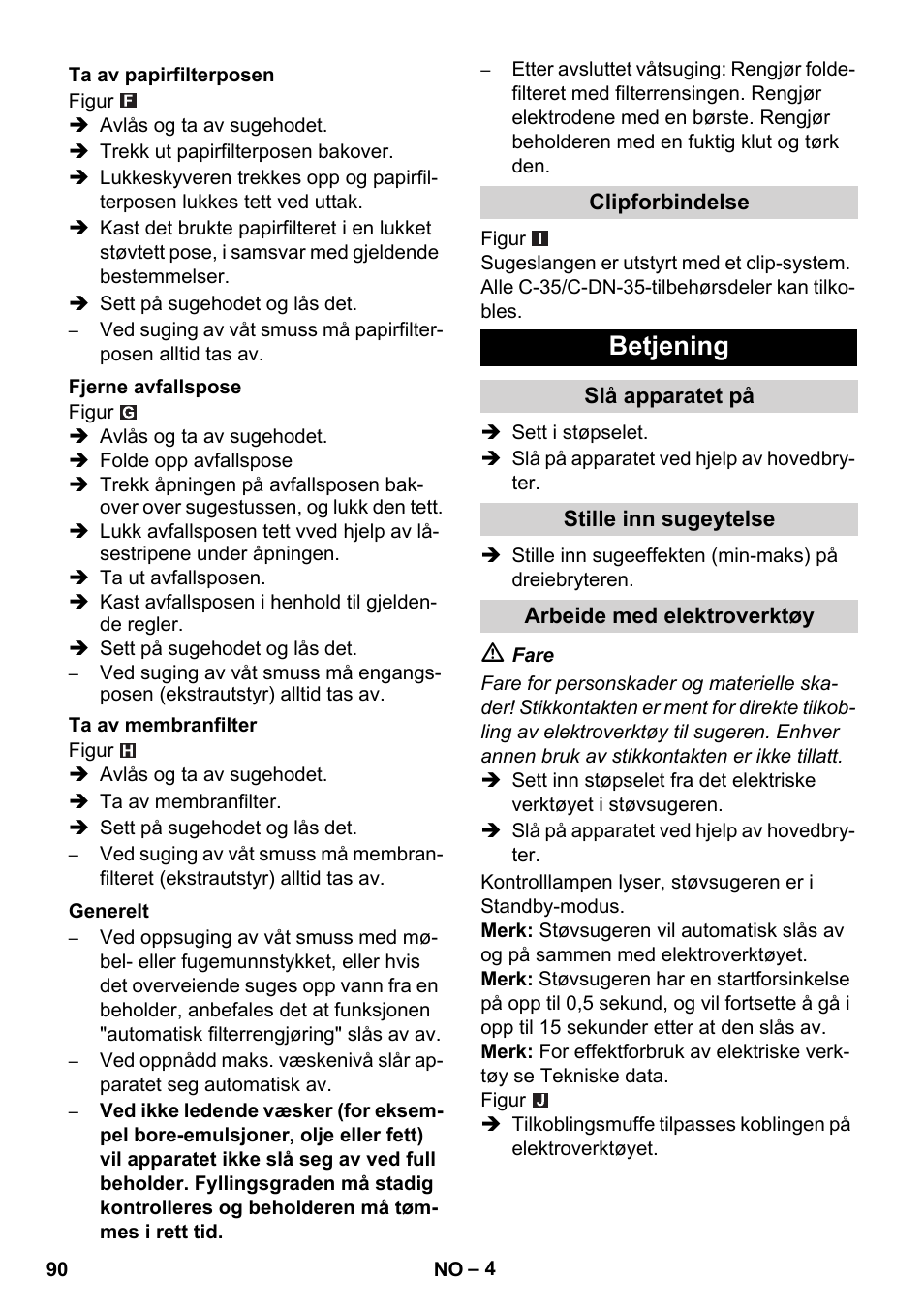 Betjening | Karcher NT 35-1 Tact Te M User Manual | Page 90 / 284