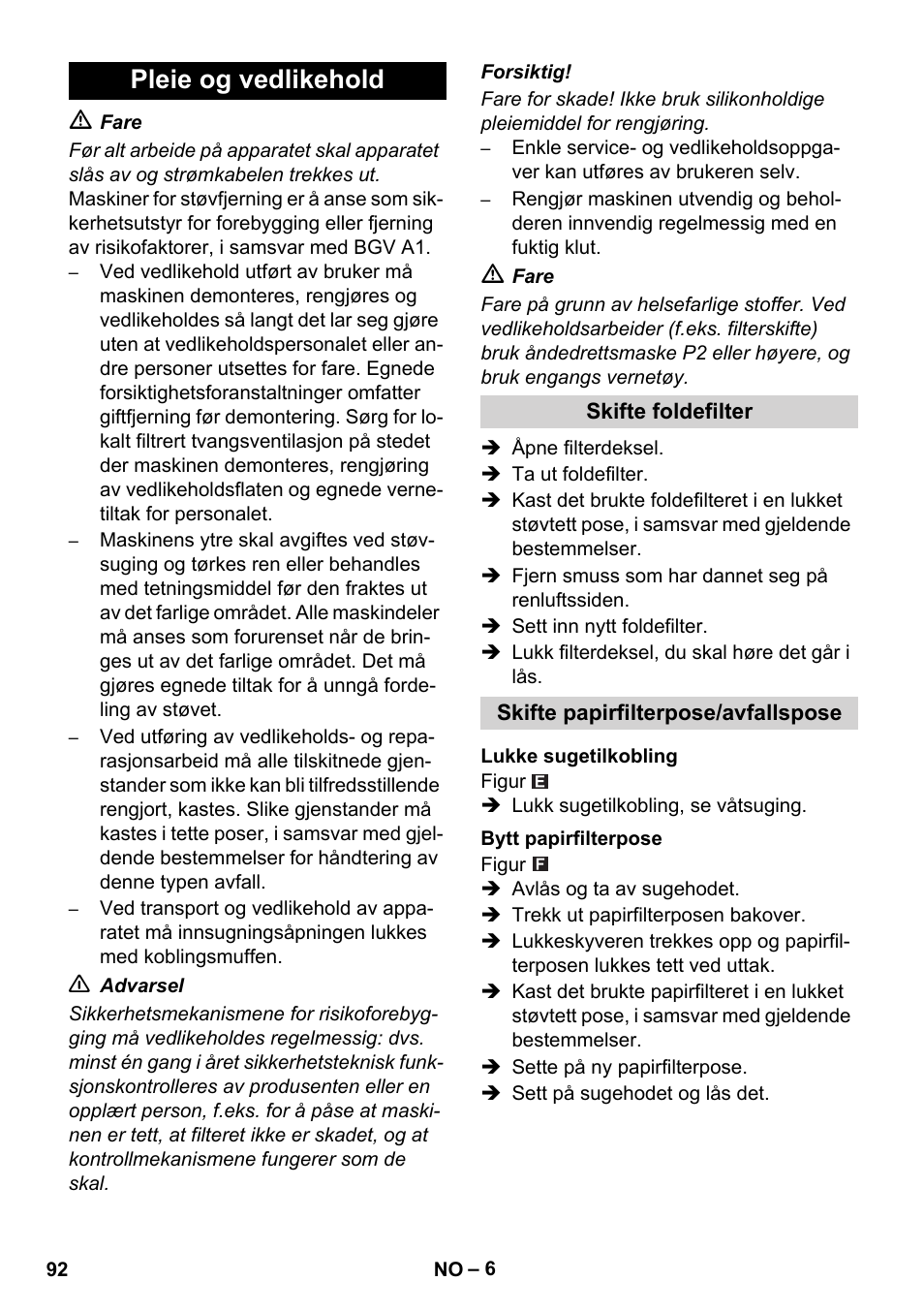 Pleie og vedlikehold | Karcher NT 35-1 Tact Te M User Manual | Page 92 / 284