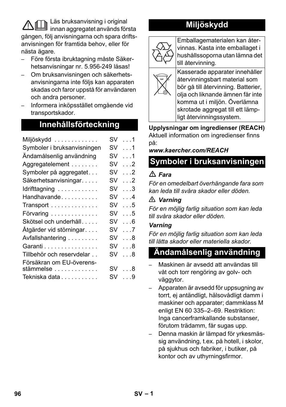 Svenska, Innehållsförteckning, Miljöskydd | Karcher NT 35-1 Tact Te M User Manual | Page 96 / 284