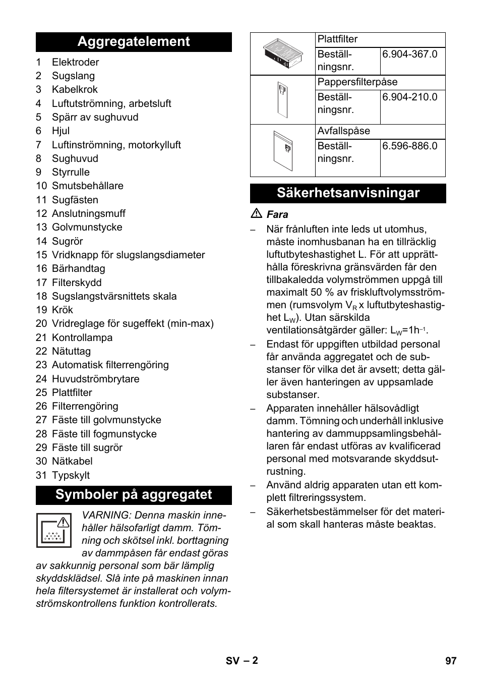 Aggregatelement symboler på aggregatet, Säkerhetsanvisningar | Karcher NT 35-1 Tact Te M User Manual | Page 97 / 284
