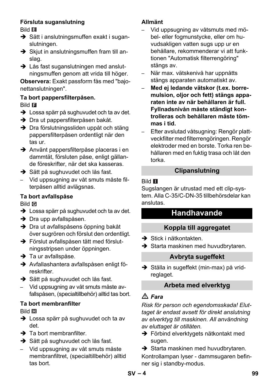 Handhavande | Karcher NT 35-1 Tact Te M User Manual | Page 99 / 284