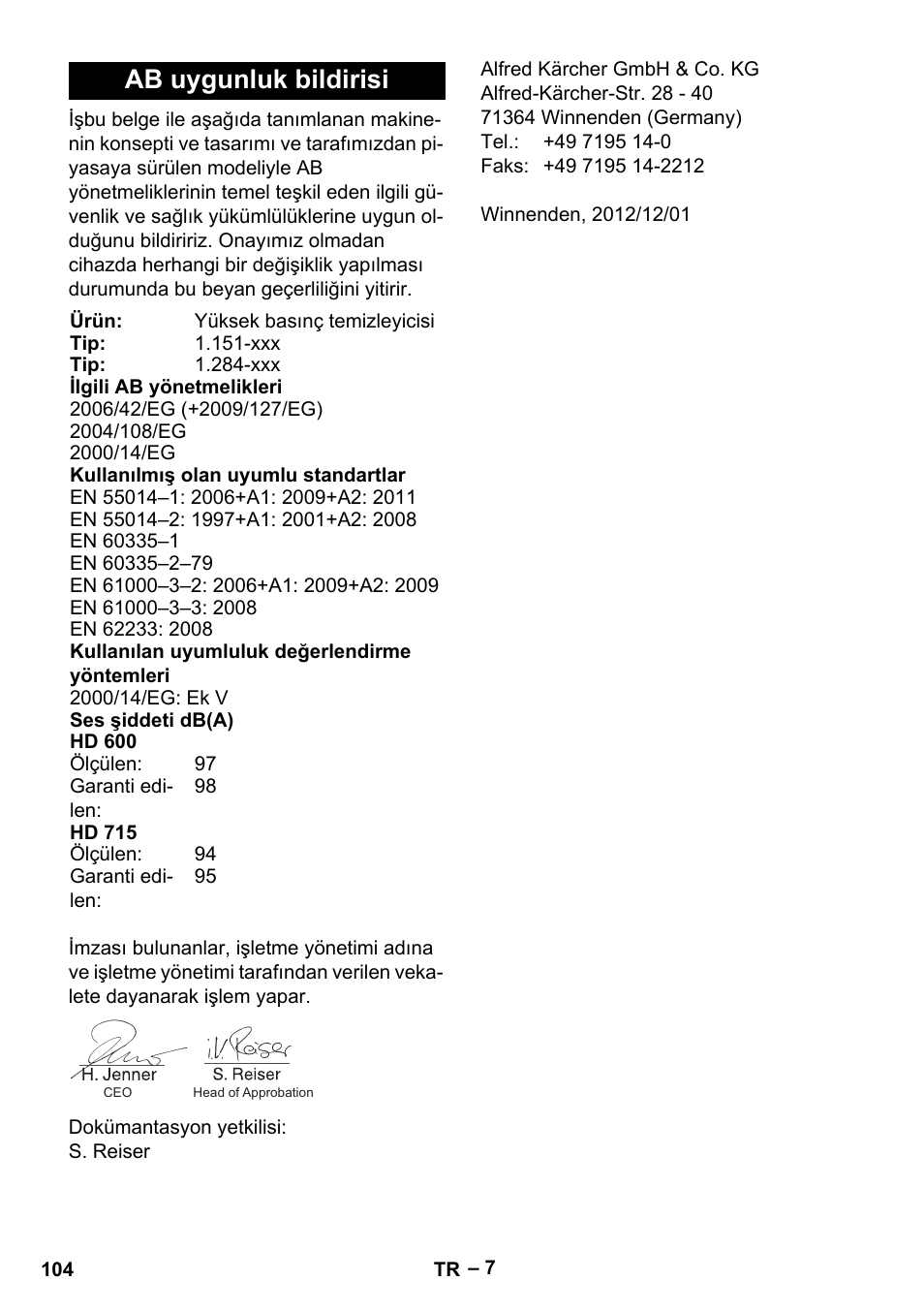 Ab uygunluk bildirisi | Karcher HD 715 User Manual | Page 104 / 222