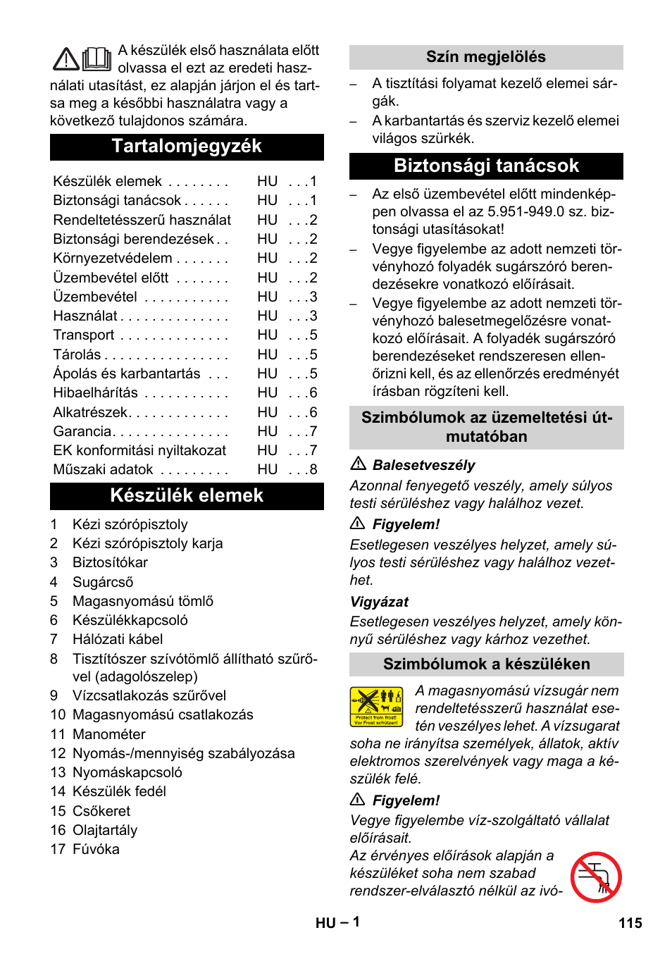 Magyar, Tartalomjegyzék, Készülék elemek | Biztonsági tanácsok | Karcher HD 715 User Manual | Page 115 / 222