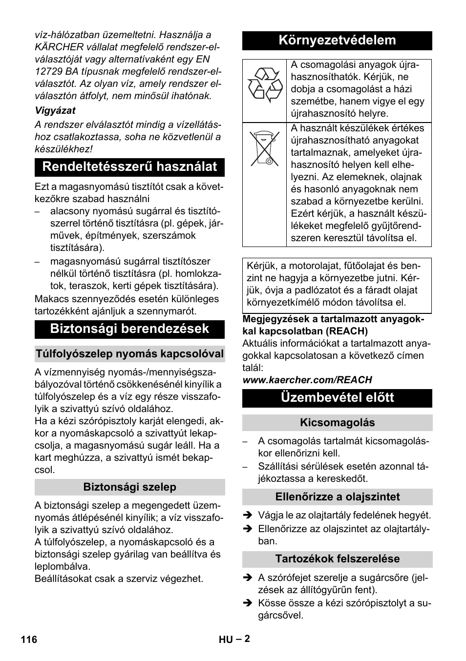 Rendeltetésszerű használat biztonsági berendezések, Környezetvédelem, Üzembevétel előtt | Karcher HD 715 User Manual | Page 116 / 222