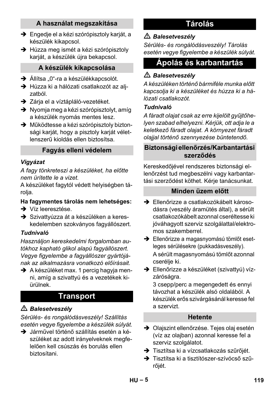 Transport tárolás ápolás és karbantartás | Karcher HD 715 User Manual | Page 119 / 222