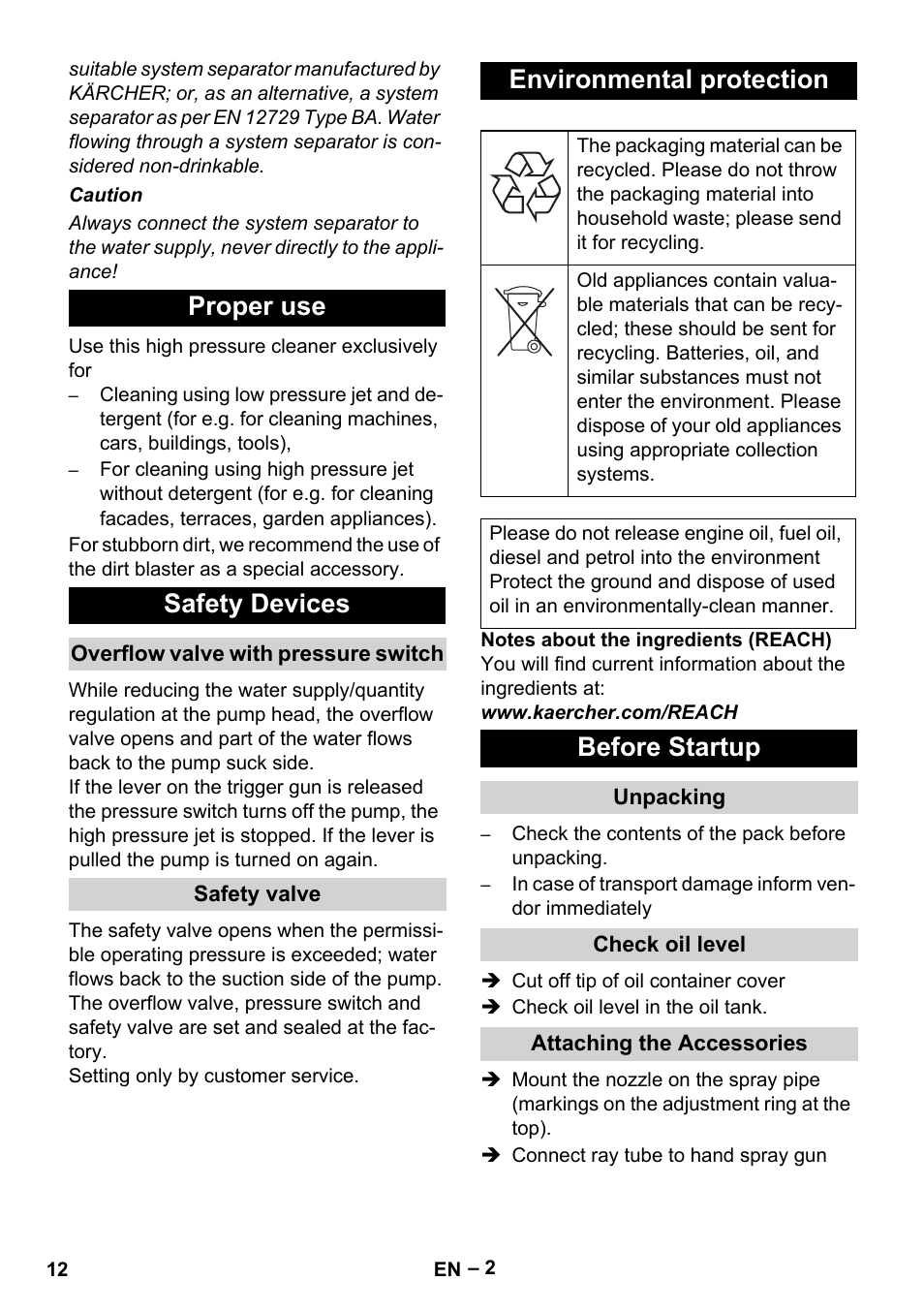 Proper use safety devices, Environmental protection, Before startup | Karcher HD 715 User Manual | Page 12 / 222