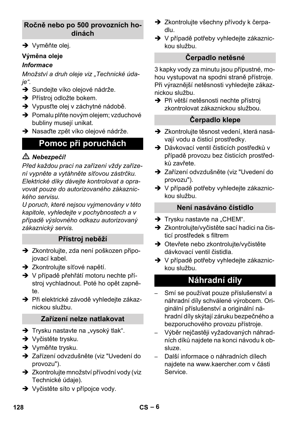 Pomoc při poruchách, Náhradní díly | Karcher HD 715 User Manual | Page 128 / 222