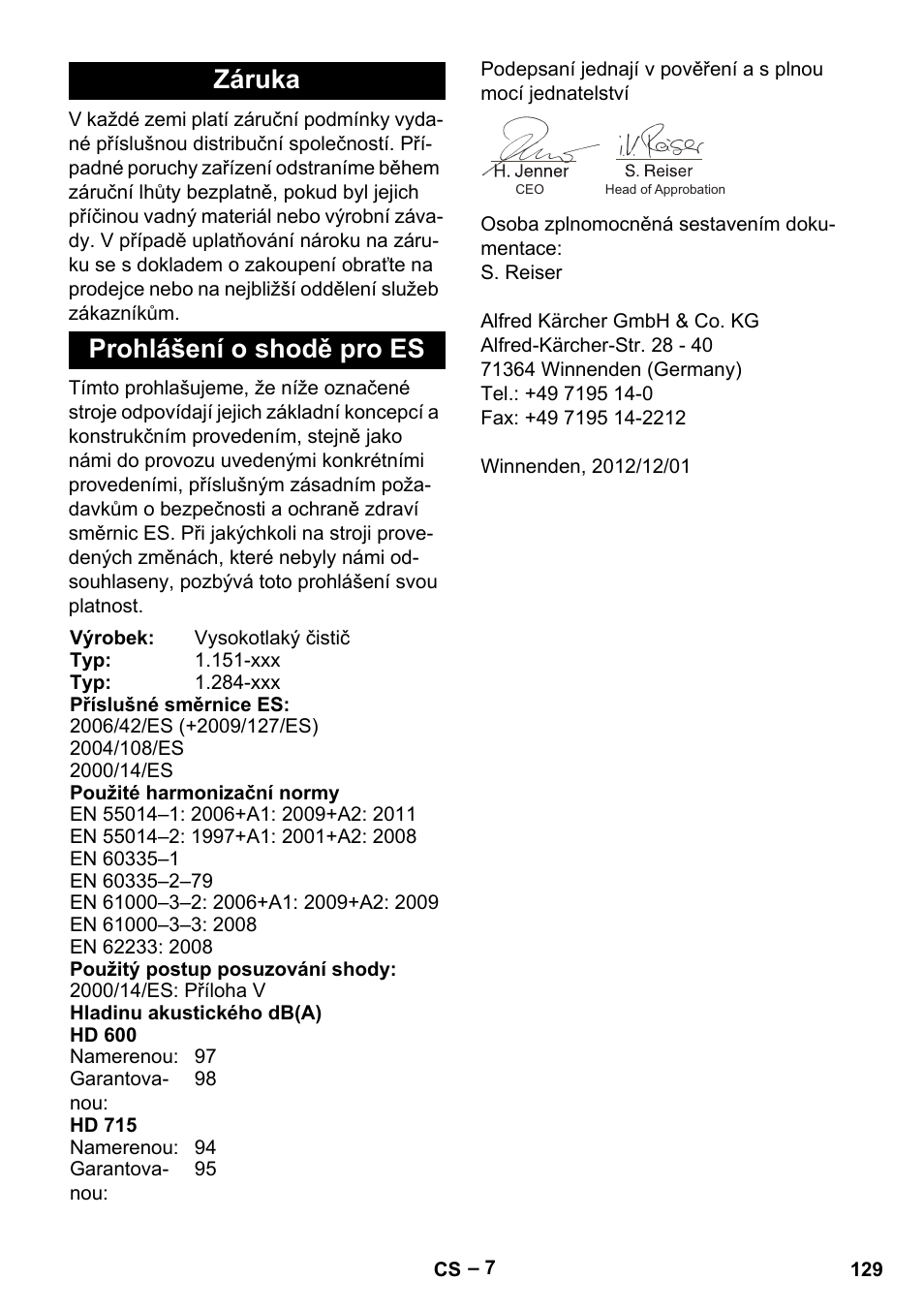 Záruka prohlášení o shodě pro es | Karcher HD 715 User Manual | Page 129 / 222