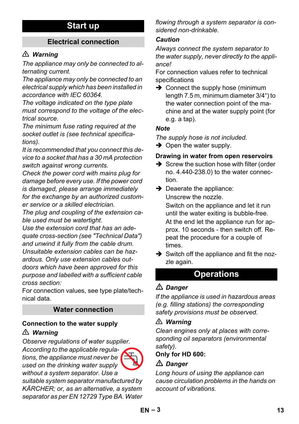 Start up, Operations | Karcher HD 715 User Manual | Page 13 / 222