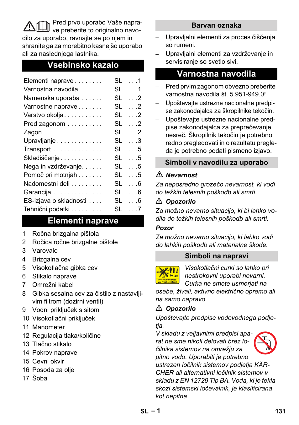 Slovenščina, Vsebinsko kazalo, Elementi naprave | Varnostna navodila | Karcher HD 715 User Manual | Page 131 / 222