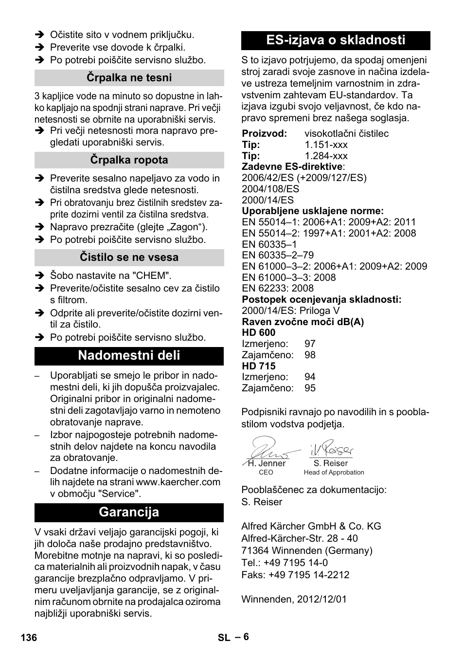 Nadomestni deli garancija es-izjava o skladnosti | Karcher HD 715 User Manual | Page 136 / 222