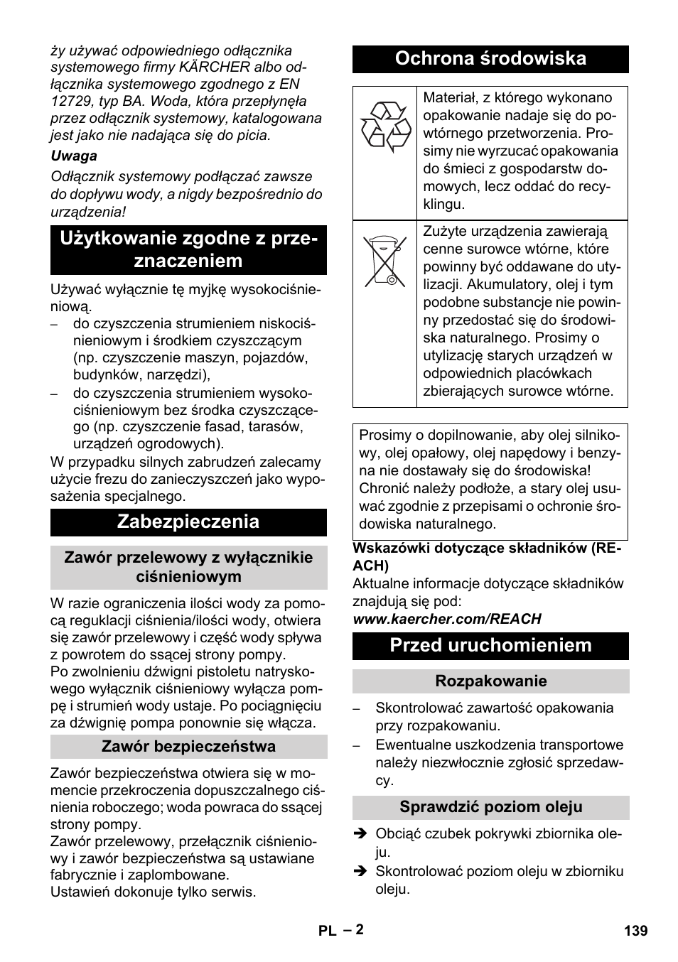 Ochrona środowiska, Przed uruchomieniem | Karcher HD 715 User Manual | Page 139 / 222