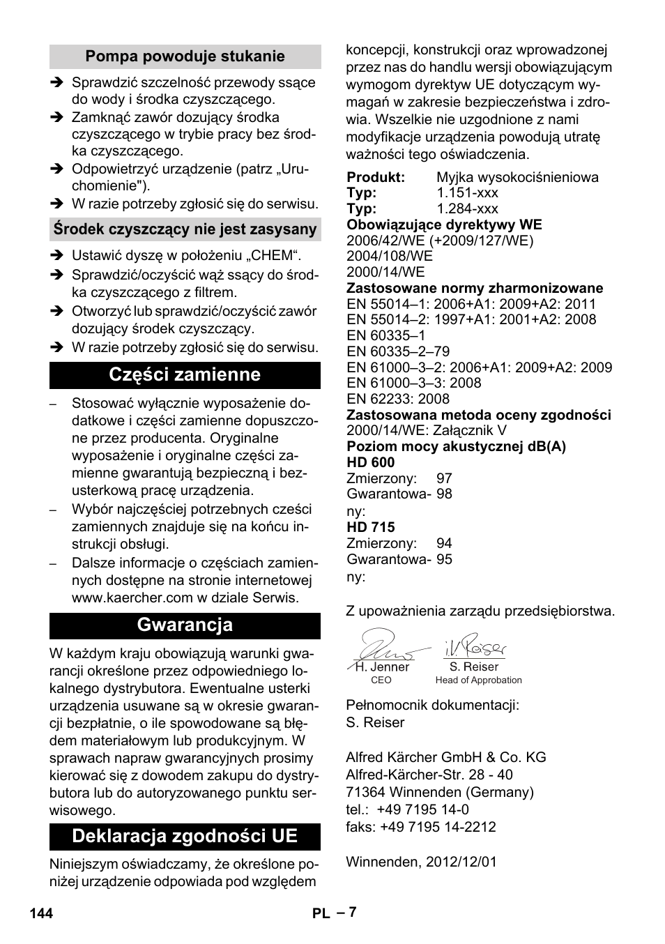 Części zamienne gwarancja deklaracja zgodności ue | Karcher HD 715 User Manual | Page 144 / 222