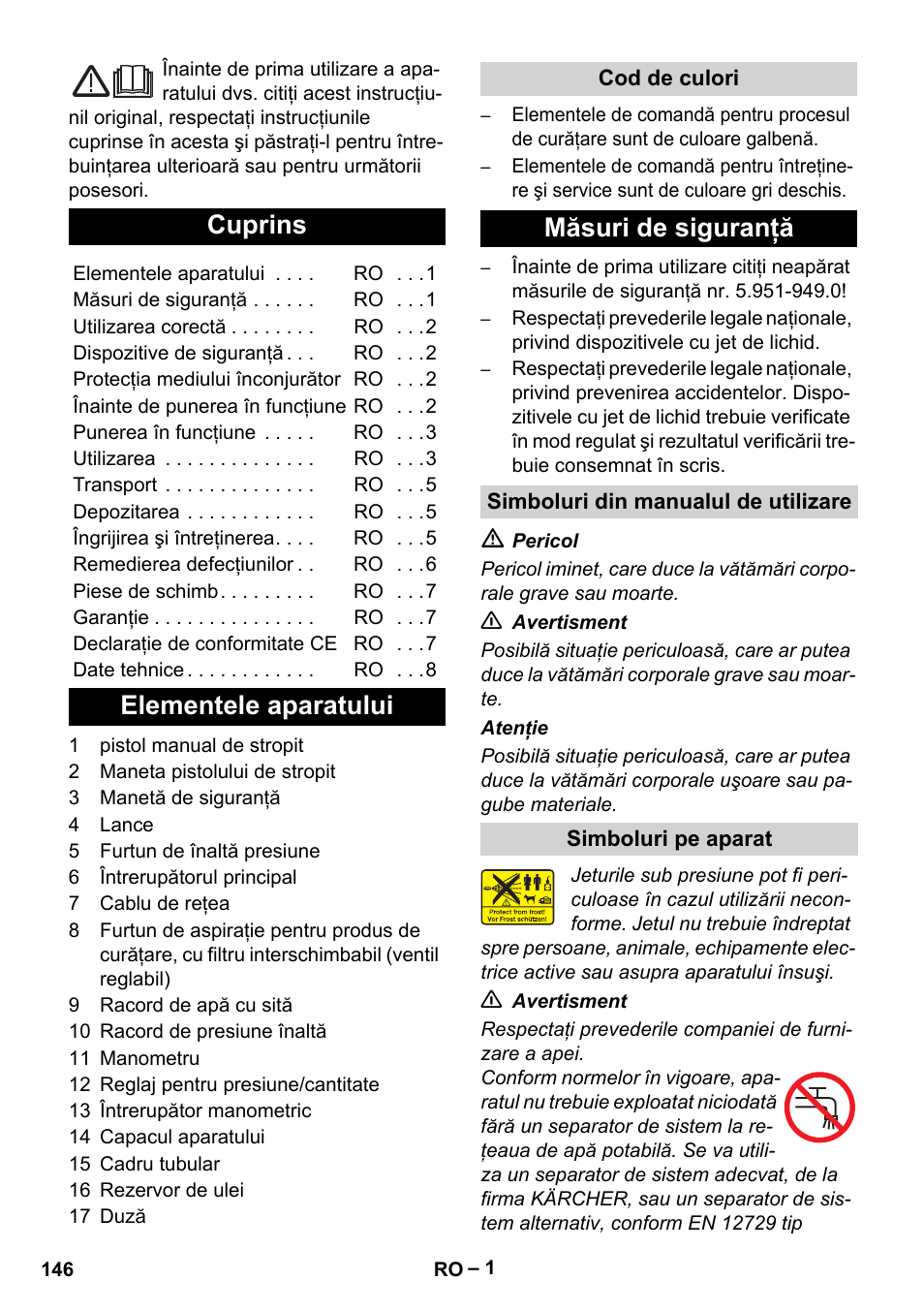 Româneşte, Cuprins, Elementele aparatului | Măsuri de siguranţă | Karcher HD 715 User Manual | Page 146 / 222