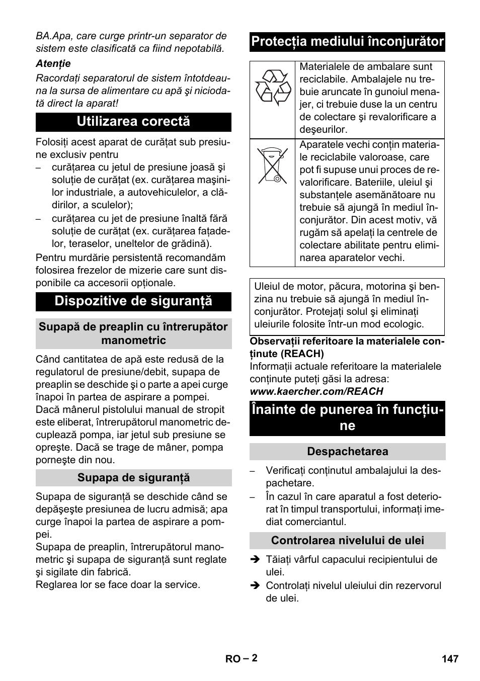 Utilizarea corectă dispozitive de siguranţă, Protecţia mediului înconjurător, Înainte de punerea în funcţiu- ne | Karcher HD 715 User Manual | Page 147 / 222