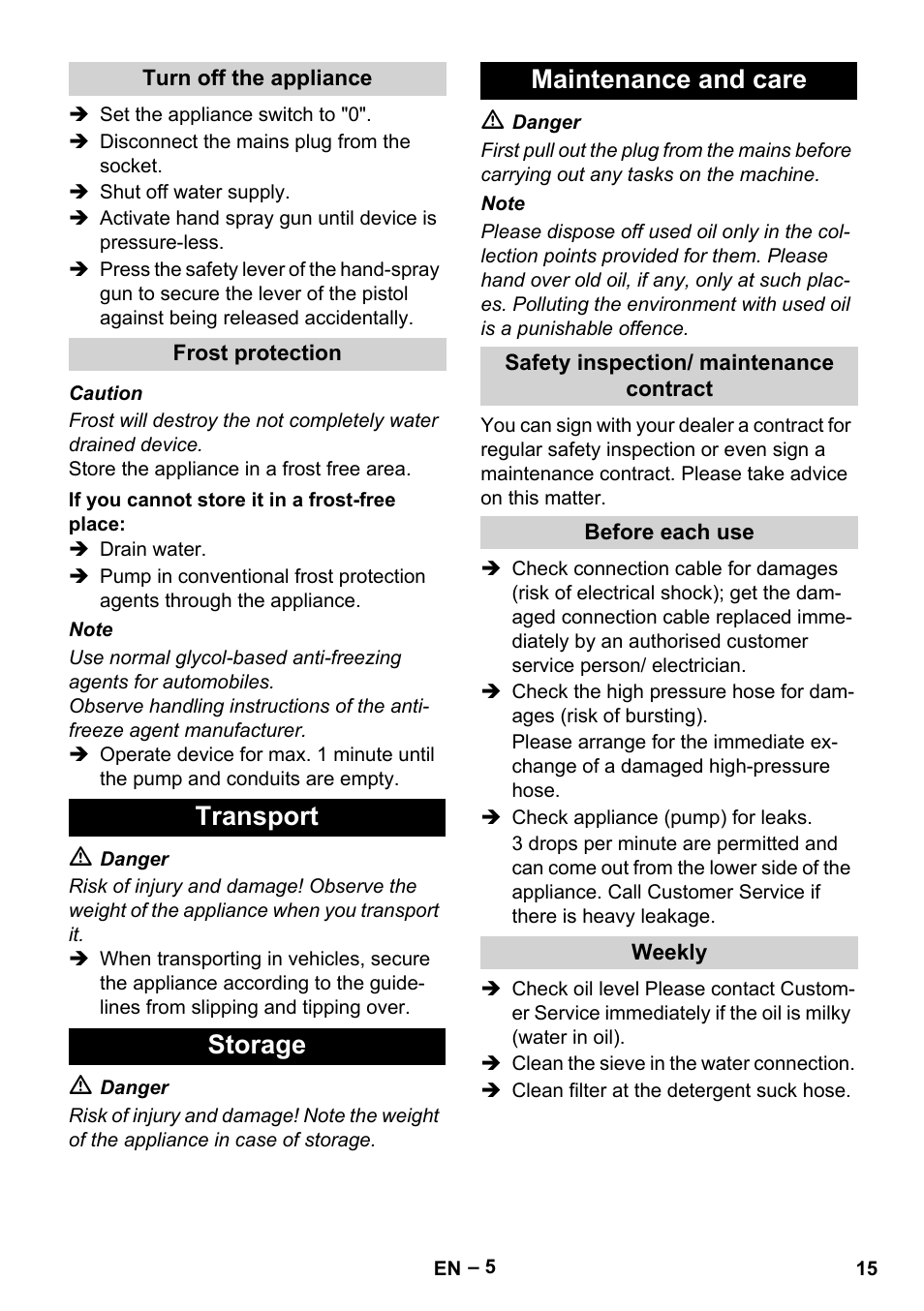 Transport storage maintenance and care | Karcher HD 715 User Manual | Page 15 / 222