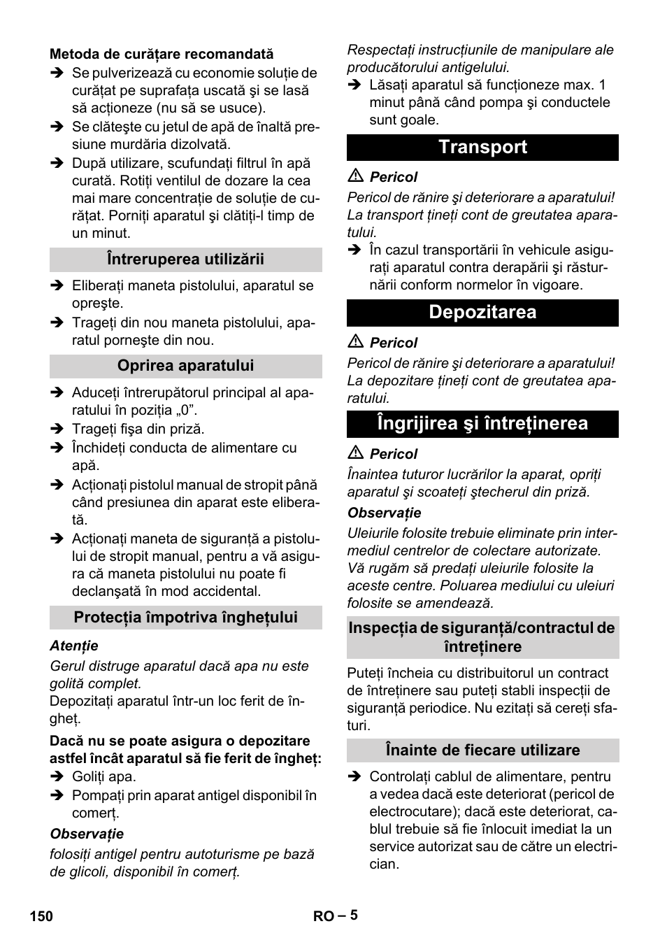 Transport depozitarea îngrijirea şi întreţinerea | Karcher HD 715 User Manual | Page 150 / 222