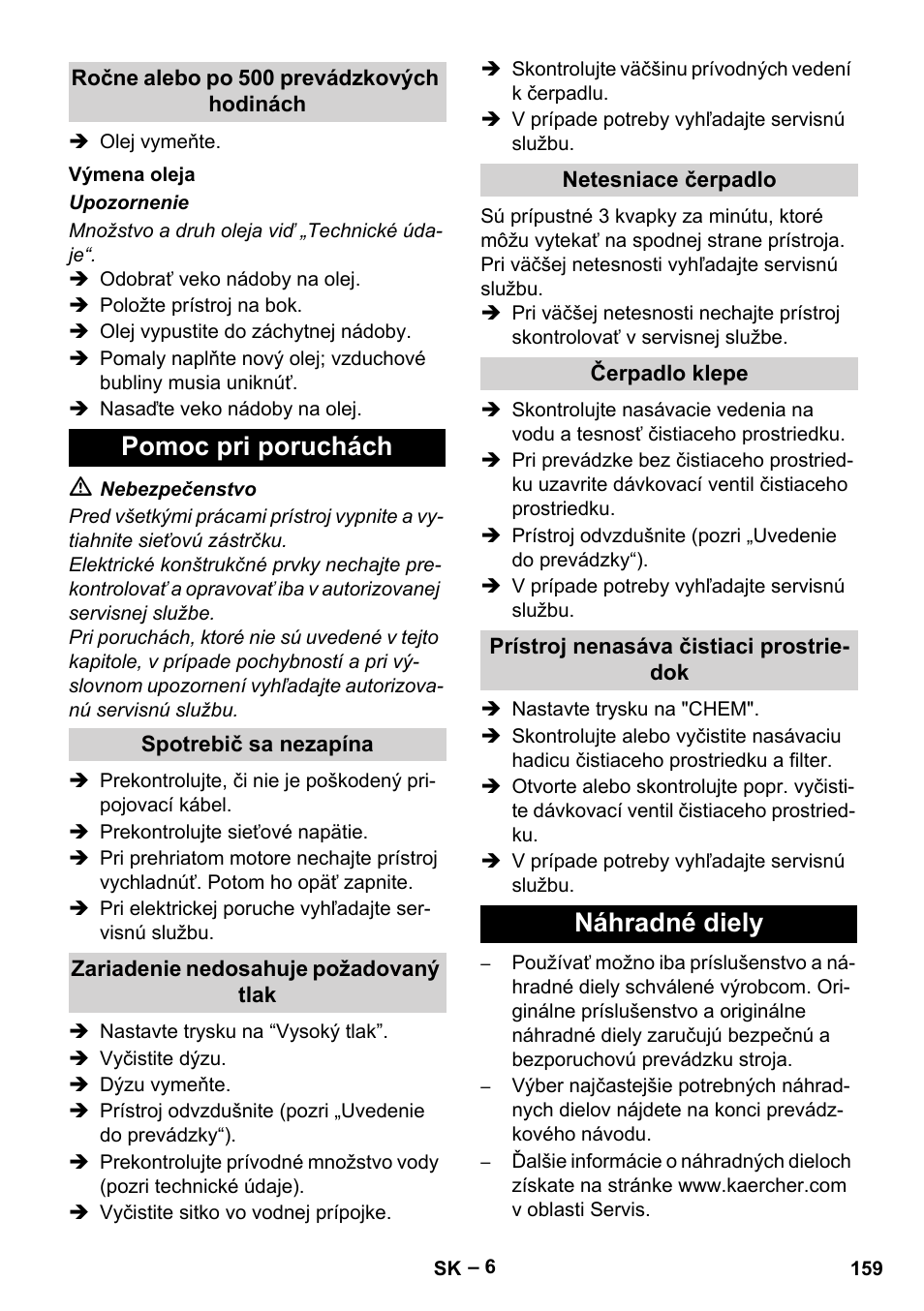 Pomoc pri poruchách, Náhradné diely | Karcher HD 715 User Manual | Page 159 / 222