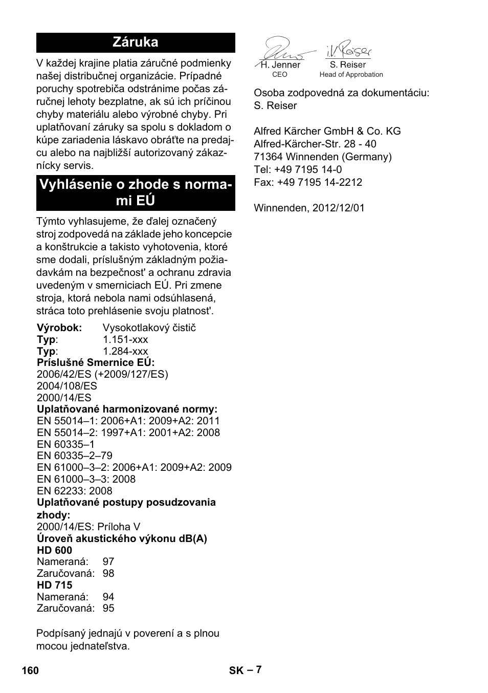 Záruka vyhlásenie o zhode s norma- mi eú | Karcher HD 715 User Manual | Page 160 / 222