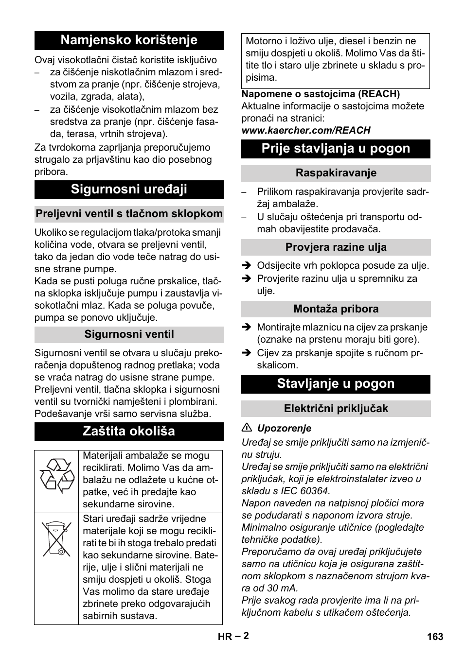 Namjensko korištenje sigurnosni uređaji, Zaštita okoliša, Prije stavljanja u pogon | Stavljanje u pogon | Karcher HD 715 User Manual | Page 163 / 222