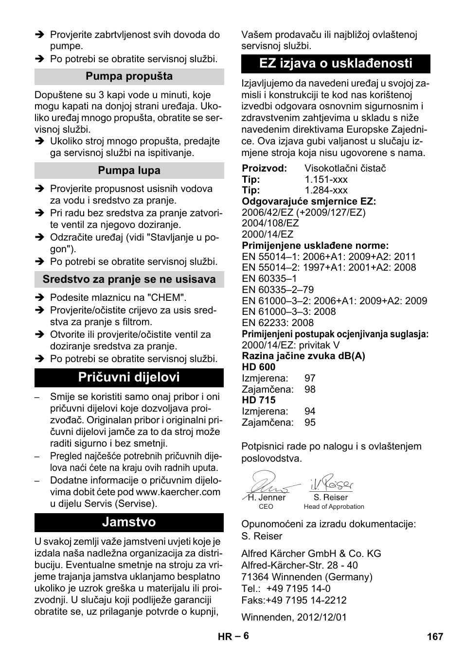 Pričuvni dijelovi jamstvo ez izjava o usklađenosti | Karcher HD 715 User Manual | Page 167 / 222