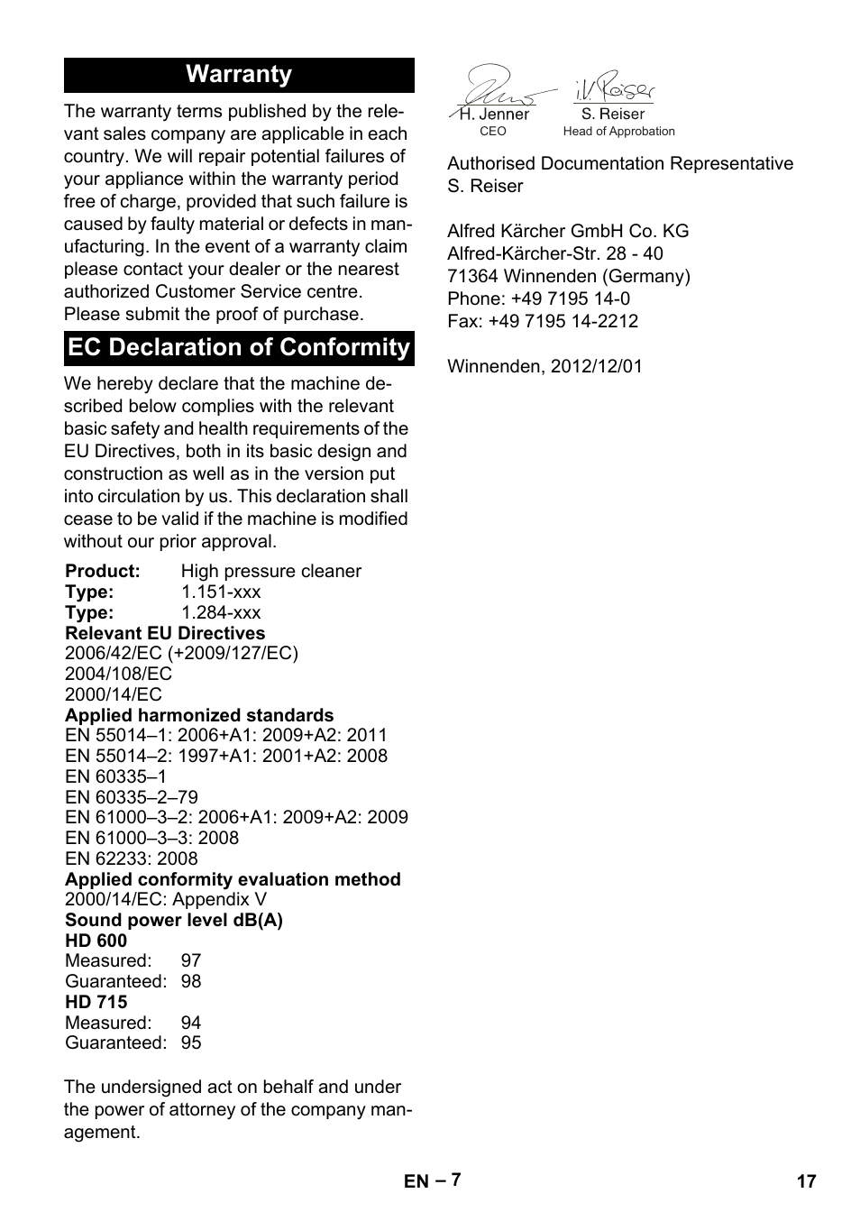 Warranty ec declaration of conformity | Karcher HD 715 User Manual | Page 17 / 222