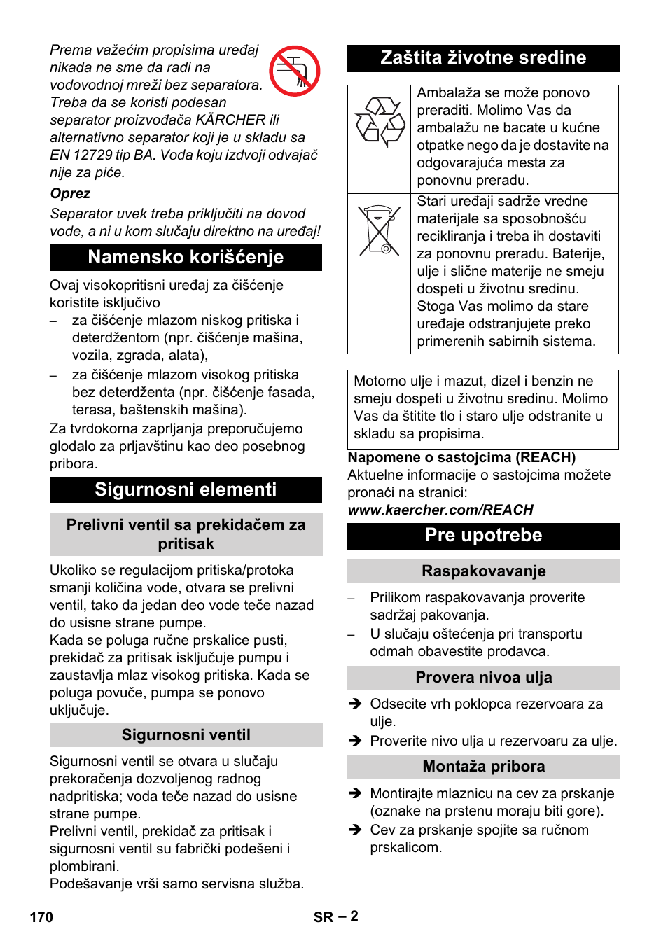 Namensko korišćenje sigurnosni elementi, Zaštita životne sredine, Pre upotrebe | Karcher HD 715 User Manual | Page 170 / 222