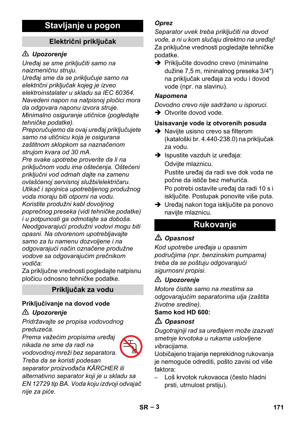 Stavljanje u pogon, Rukovanje | Karcher HD 715 User Manual | Page 171 / 222