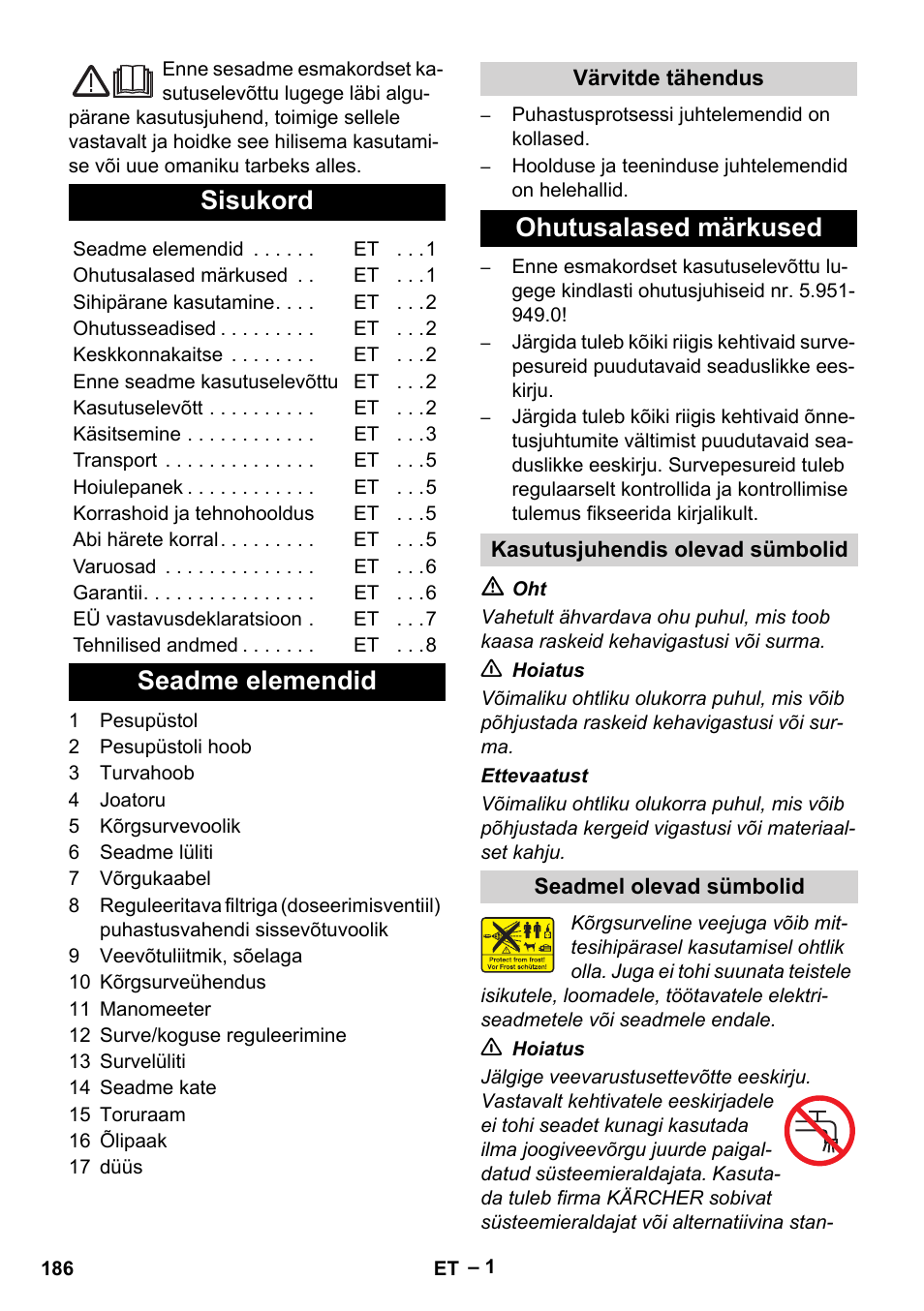 Eesti, Sisukord, Seadme elemendid | Ohutusalased märkused | Karcher HD 715 User Manual | Page 186 / 222