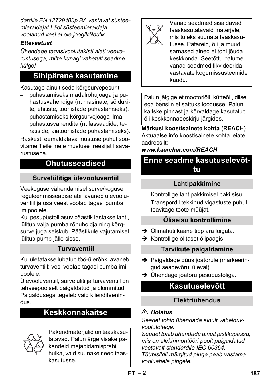 Sihipärane kasutamine ohutusseadised, Keskkonnakaitse, Enne seadme kasutuselevõt- tu | Kasutuselevõtt | Karcher HD 715 User Manual | Page 187 / 222