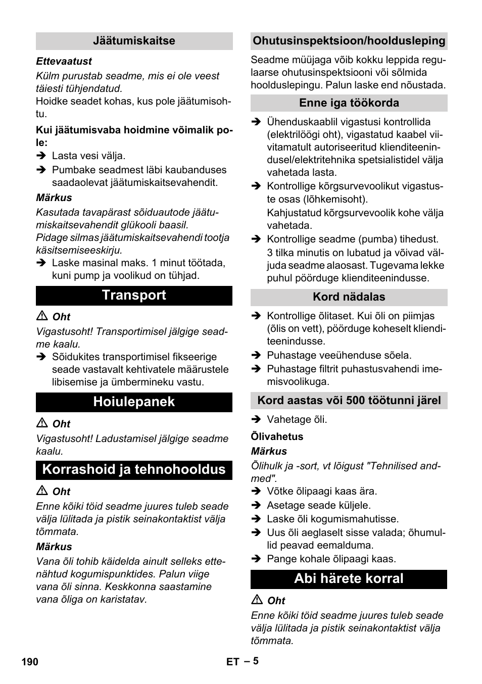 Transport hoiulepanek korrashoid ja tehnohooldus, Abi härete korral | Karcher HD 715 User Manual | Page 190 / 222