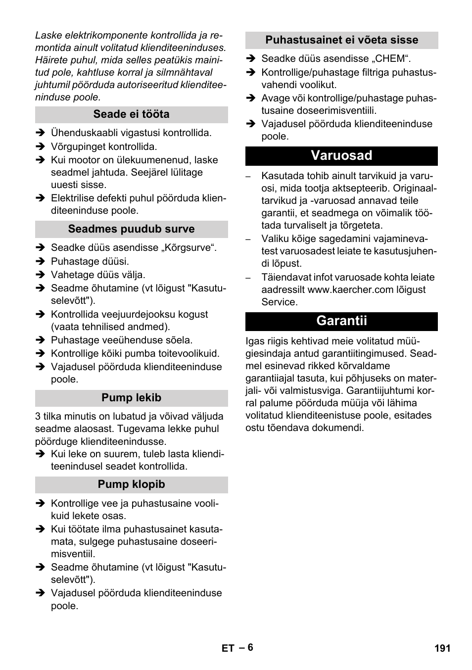 Varuosad garantii | Karcher HD 715 User Manual | Page 191 / 222